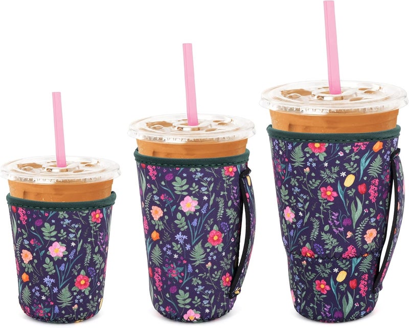 Snowso 3 Pack Iced Coffee sleeve Insulated Neoprene Cup Sleeves with handle For Cold Drinks Beverages, Reusable Cup Holder for 16oz-32oz Coffee Cups (Vintage Flowers) - Image 1